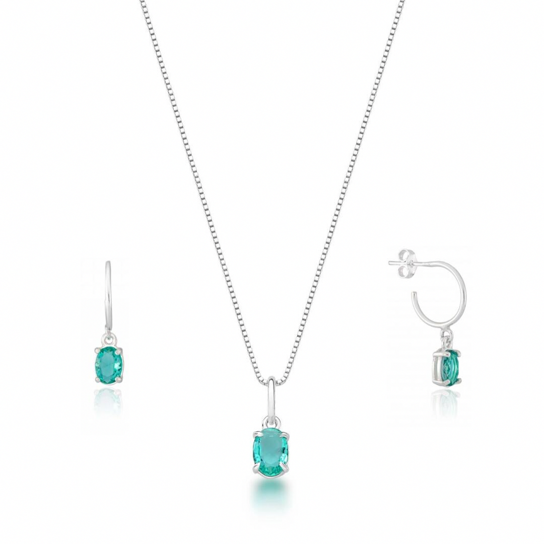 Women’s Turquoise Crystal Sterling Silver Necklace & Hoop Earrings Set